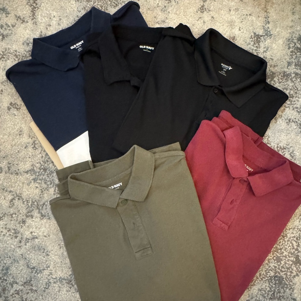 Old Navy Polo Shirt Lot - (5) Large Navy, Black, Olive, Burgundy, Blue/White